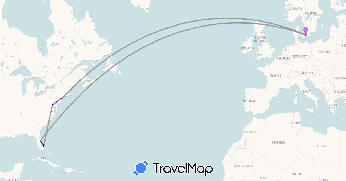 TravelMap itinerary: driving, plane, train, hiking in Denmark, United States (Europe, North America)